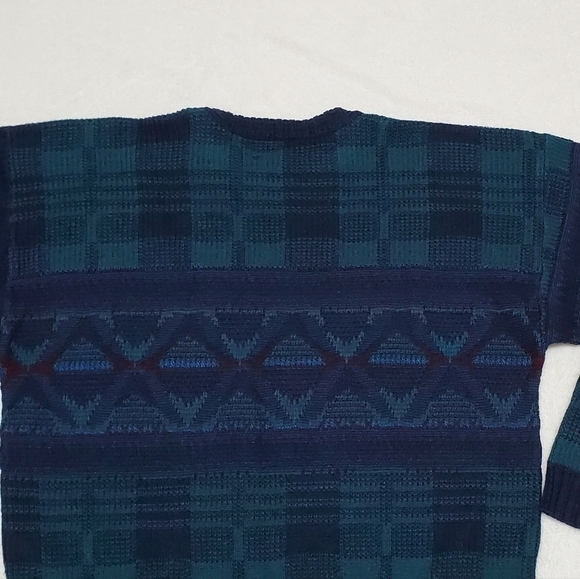 VINTAGE Reed St. James Loafers Turquoise Blue Plaid Printed Knit Sweater XL - Picture 9 of 11